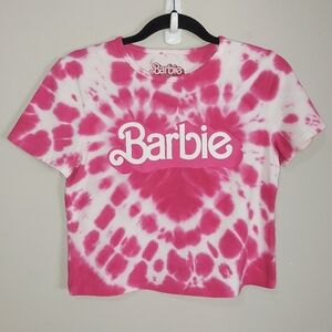 Hot Topic Women Barbie Logo Heart Tie-Dye Hot Pink Cropped T-Shirt Small Tee